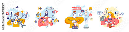 Smm managers work with creative content and loyalty audience set, multitasking people