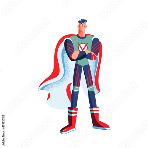 Male superhero in costume with arms crossed. Man with cape vector illustration. Cartoon comic boy with powers posing isolated on white background. Brave smiling guy standing