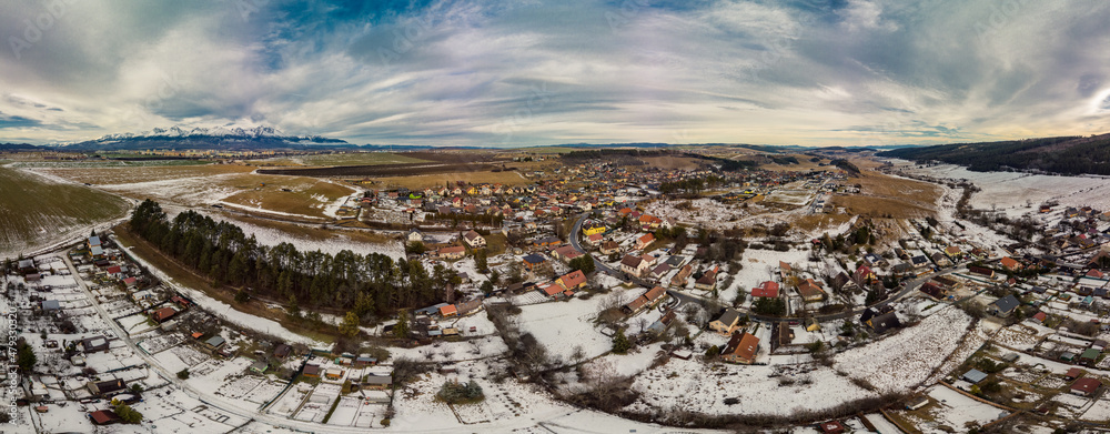 Drone view of Ganovce village with the view of High Tatras