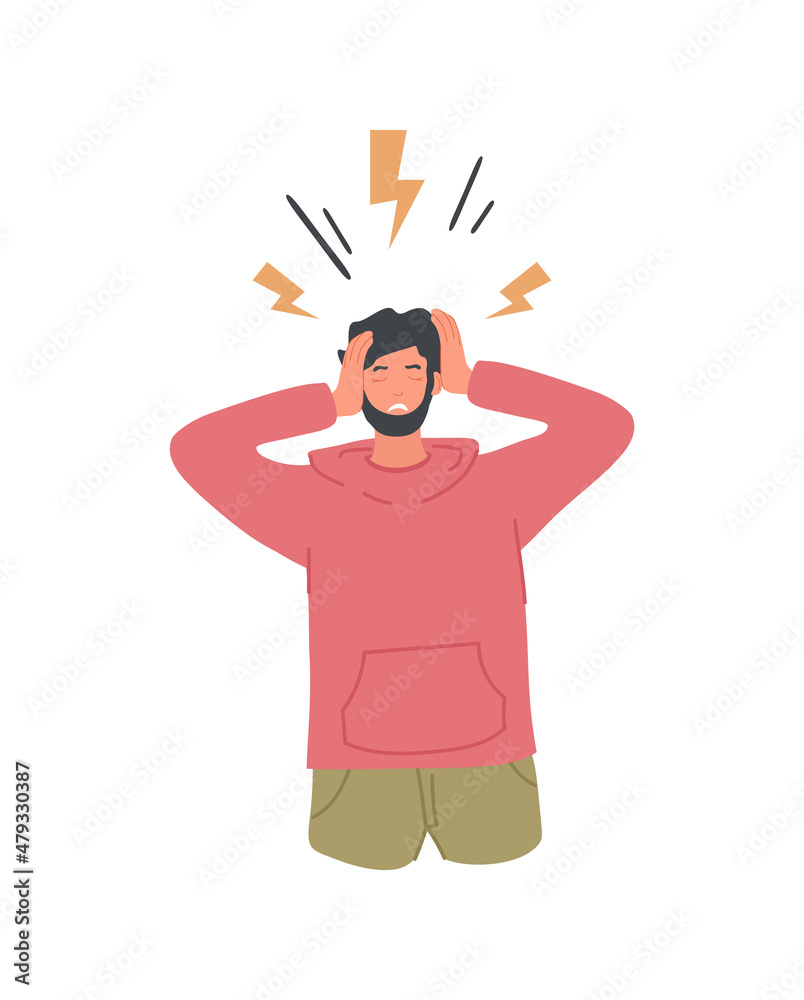 Mental Health Problem concept. Young male character with headache, migraine and negative emotions. Male character with psychological disorder or anxiety. Cartoon modern flat vector illustration Mental Health Problem concept. Young male character with headache, migraine and negative emotions. Male character with psychological disorder or anxiety. Cartoon modern flat vector illustration