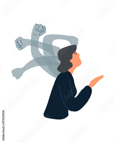 Mental Health Problem concept. Young woman suffers from psychological violence and asks for help. Depression, fear and stress in female character. Cartoon contemporary flat vector illustration