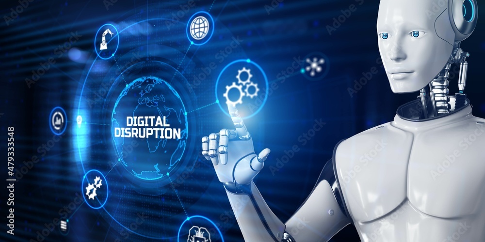 Digital disruption transformation disruptive innovation concept. Robot ...