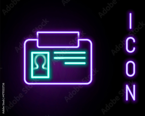 Glowing neon line Identification badge icon isolated on black background. It can be used for presentation, identity of the company, advertising. Colorful outline concept. Vector