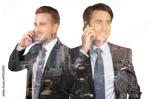 Two handsome businessmen in suits talking phone. Asia corporate lifestyle, communication of diverse young professionals. Night Bangkok city view. Double exposure photo