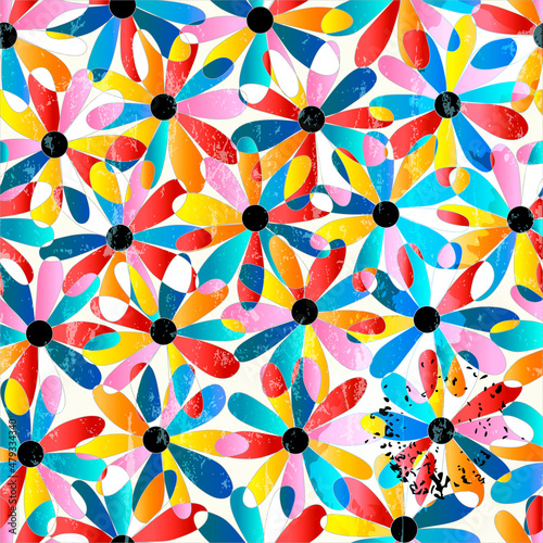 abstract colorful background pattern, with circles, floral ornaments, paint strokes and splashes