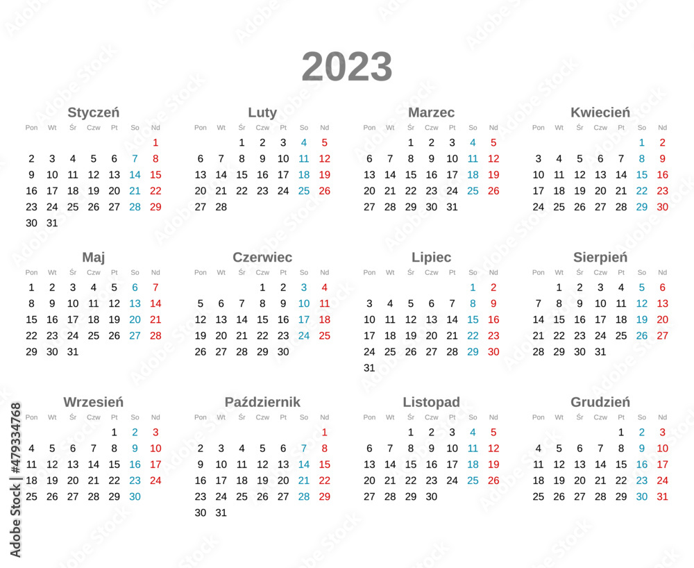 Calendar for 2023 year with poilsh characters