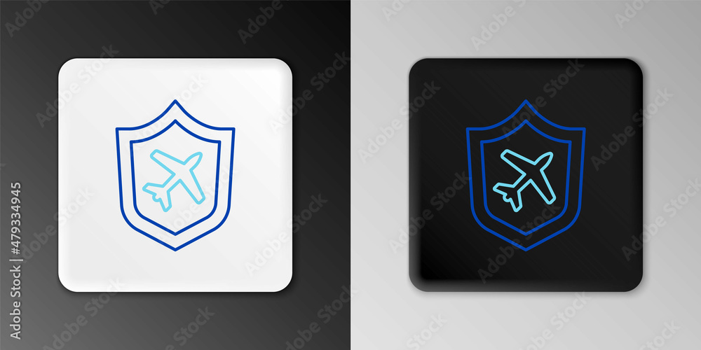 Line Plane with shield icon isolated on grey background. Flying airplane. Airliner insurance. Security, safety, protection, protect concept. Colorful outline concept. Vector Line Plane with shield icon isolated on grey background. Flying airplane. Airliner insurance. Security, safety, protection, protect concept. Colorful outline concept. Vector
