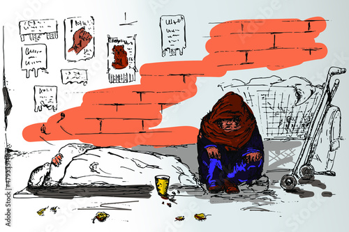 Homeless man sitting against the wall asking for help.Sketch. The concept of poverty and defenselessness. Social problems.