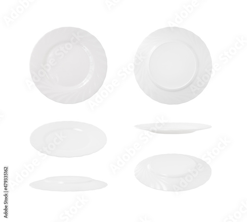 Set of top, side and back views of round dinner plate isolated on white background