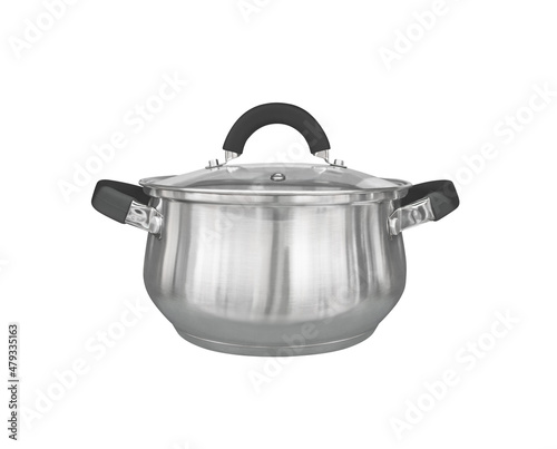 Stainless steel cooking pot with glass lid isolated on white background