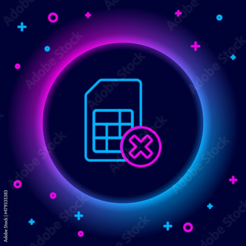 Glowing neon line Sim card rejected icon isolated on black background. Mobile cellular phone sim card chip. Mobile telecommunications technology symbol. Colorful outline concept. Vector