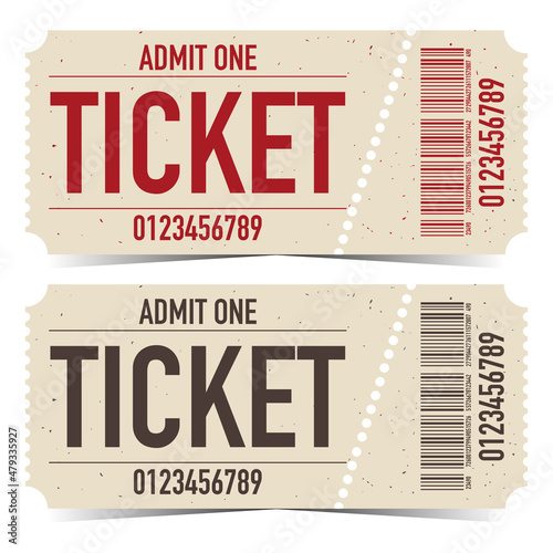 Tear-off ticket with barcode and editable text. Detachable coupon or talon for theatre or cinema, party or festival, event or entertainment show. Vector illustration in flat style.