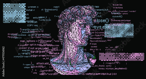 3D low poly model of a bust sculpture of a human head on a dark background with lines of random program source code.