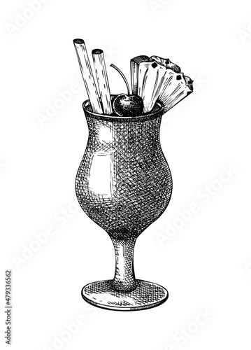 Hand-sketched Pina colada cocktail illustration. Vector sketch of alcoholic drink in elegant glass. Tropical cocktail with rum, coconut milk, and pineapple juice hand-drawing isolated on white photo