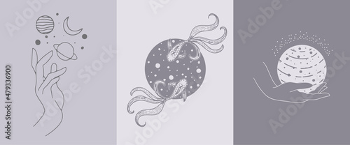 A collection of boho-style posters with cosmic symbols on textured paper. Abstractions with palm, planets, stars, cosmic fishes and abstract figures.