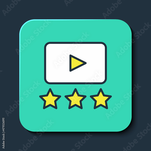 Filled outline Film or movie cinematography rating or review icon isolated on blue background. Turquoise square button. Vector