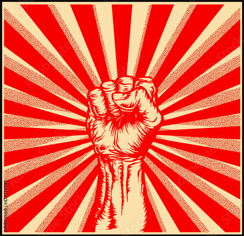 Vector illustration of strong raised fist in a rays red background in the style of soviet propaganda posters.
