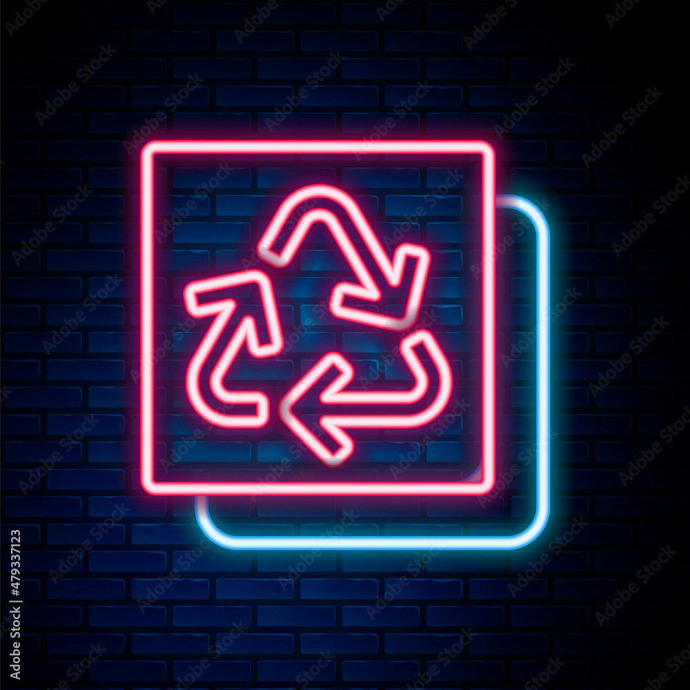 Glowing neon line Recycle symbol icon isolated on brick wall background. Circular arrow icon. Environment recyclable go green. Colorful outline concept. Vector Glowing neon line Recycle symbol icon isolated on brick wall background. Circular arrow icon. Environment recyclable go green. Colorful outline concept. Vector