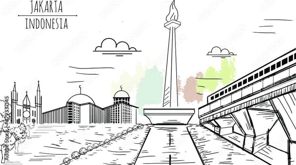 Illustration Of Monas National Monument In Jakarta Indonesia Mosque