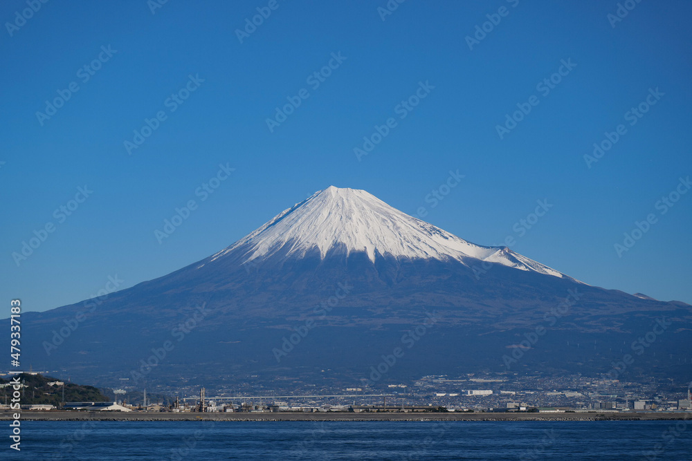 駿河湾に停泊するクルーズ船から見た富士山