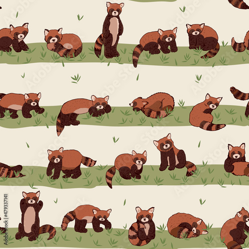 Red Panda asian forest animal vector seamless pattern