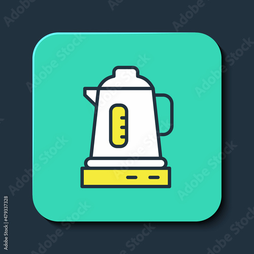Filled outline Electric kettle icon isolated on blue background. Teapot icon. Turquoise square button. Vector