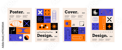 Geometric covers. Minimalistic posters with postmodern shapes and place for text. Vector set photo
