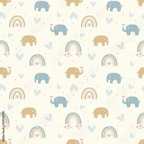 Rainbows and elephants seamless pattern. Rainbow pastel color hand drawn doodle cute baby or kids print.