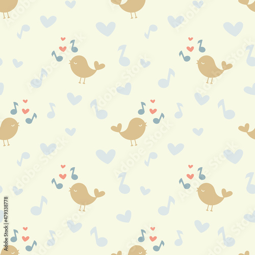 Cute bird and music notes seamless pattern. Colorful songbirds print for paper or fabric.