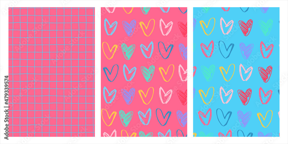 Set of patterns for Valentines Day gifts wrapping. Holidays backgrounds with hearts blue and pink colores Set of patterns for Valentines Day gifts wrapping. Holidays backgrounds with hearts blue and pink colores