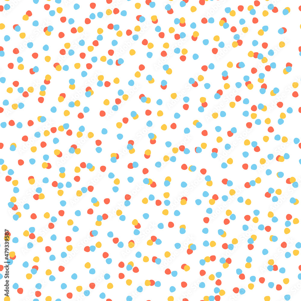 Seamless repeating spotted pattern with tiny colorful hand drawn confetti-like dots. Christmas, snowy winter, sky concept. Vector background for gift wrap, surface design and other design projects