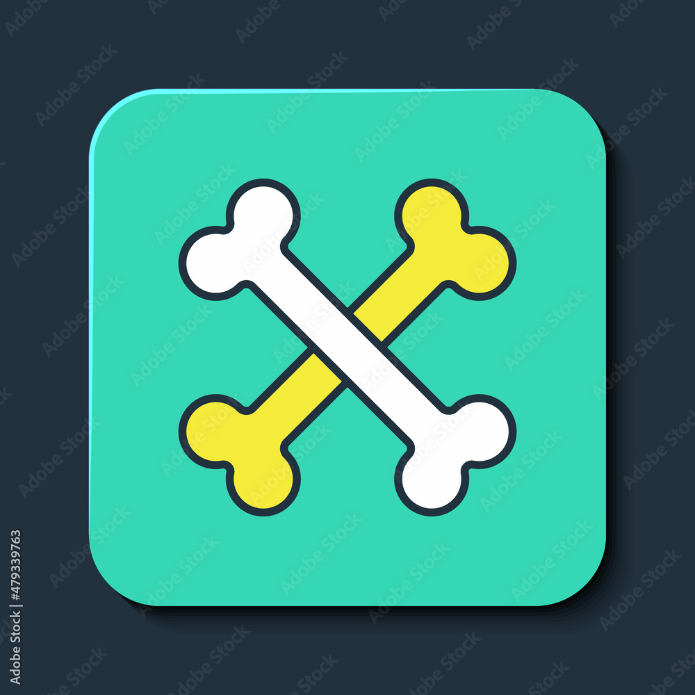 Filled outline Crossed bones icon isolated on blue background. Pets food symbol. Happy Halloween party. Turquoise square button. Vector Filled outline Crossed bones icon isolated on blue background. Pets food symbol. Happy Halloween party. Turquoise square button. Vector