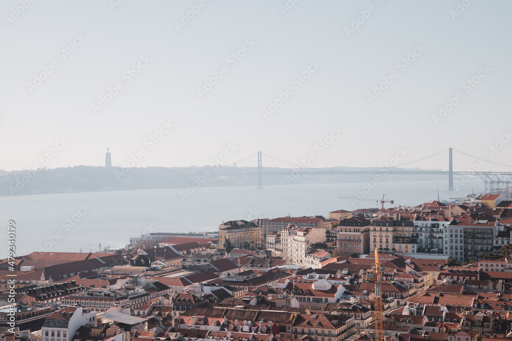 Lisbon downtown with 25 April Brige and Tejo River in the background seen from the Castle of São Jorge