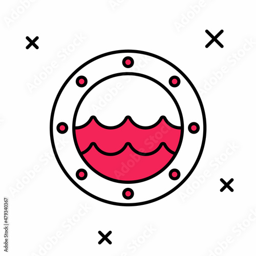 Filled outline Ship porthole with rivets and seascape outside icon isolated on white background. Vector
