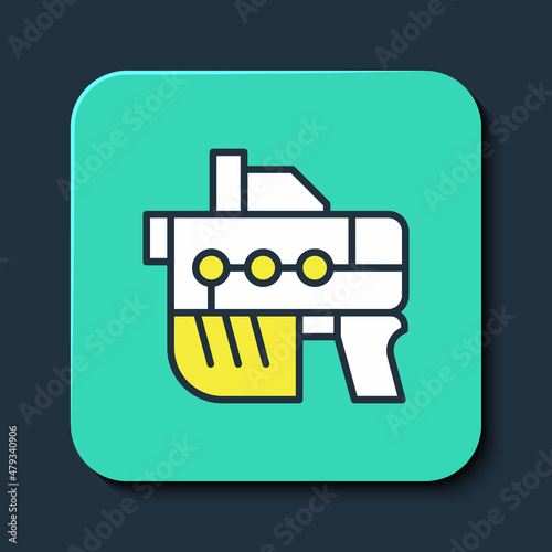 Filled outline Futuristic space gun blaster icon isolated on blue background. Laser Handgun. Alien Weapon. Turquoise square button. Vector