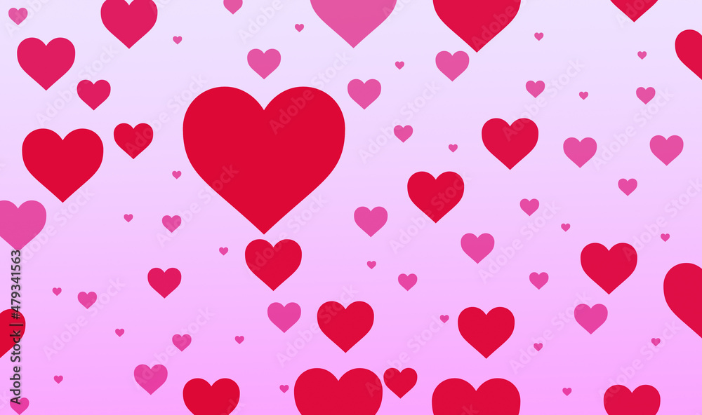 Ilustración para el día de San Valentín , con fondo en degradado rosa y corazones de diferentes tonos de rojo y rosa, en diferentes tamaños