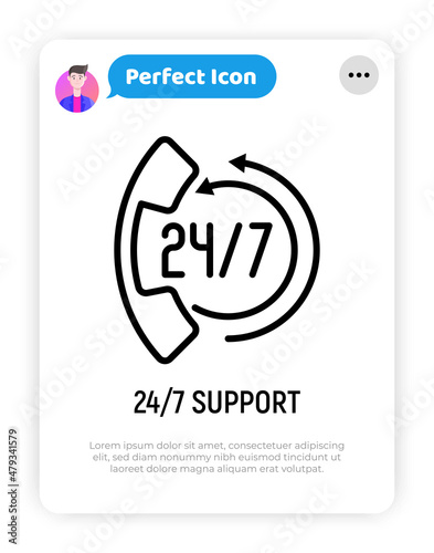 Support for 24 hour in day. Thin line icon: handset with arrows. Online assistance. Modern vector illustration.