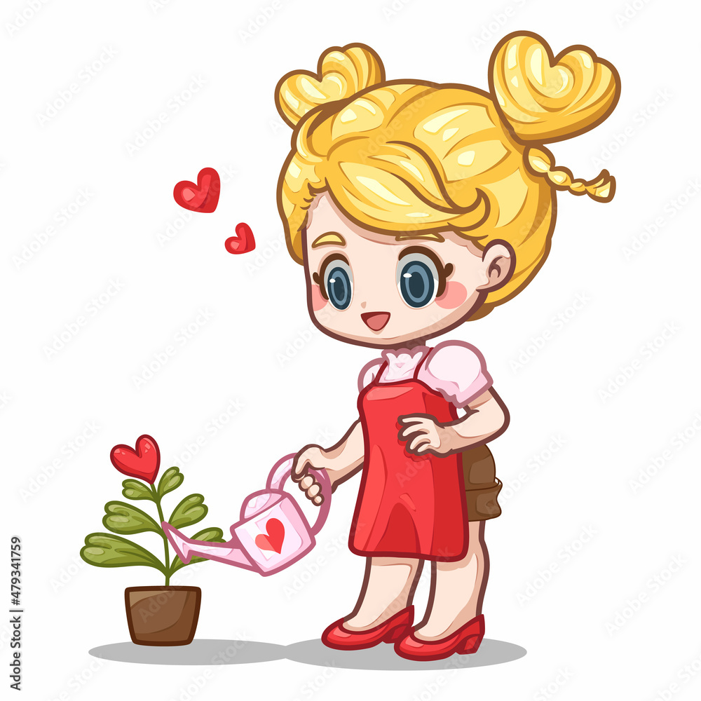 Cute cartoon illustration of a woman holding a pink watering can plants, Cartoon illustration for sticker, card, badge, various print media or It can be used as part of the overall design. Cute cartoon illustration of a woman holding a pink watering can plants, Cartoon illustration for sticker, card, badge, various print media or It can be used as part of the overall design.