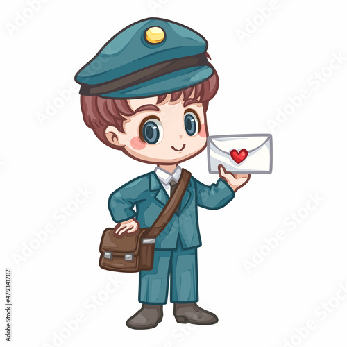 Cute cartoon illustration of a postman holding a love letter, Cartoon illustration for sticker, card, badge, various print media or It can be used as part of the overall design.