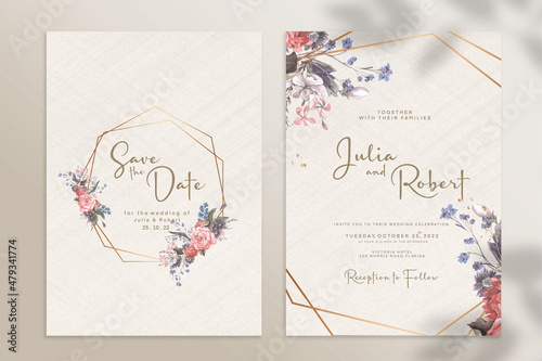 Double Sided Wedding Invitation Template with Foliage