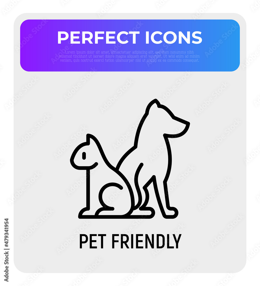 Pet friendly symbol: cat and dog silhouettes thin line icon. Modern vector illustration for pet shop, logo for vet clinic.