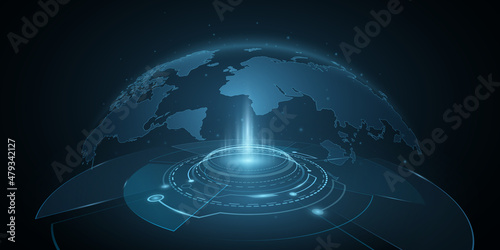 Digital holographic world map with HUD. Earth globe hologram. Futuristic planet in cyberspace with light effects. Global network. Technology background. Vector