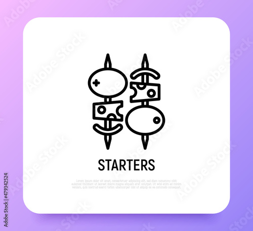 Starters, appetizers thin line icon. Canapes: cheese with olives. Modern vector illustration for restaurant menu.
