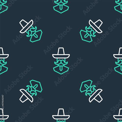 Line Mexican man wearing sombrero icon isolated seamless pattern on black background. Hispanic man with a mustache. Vector