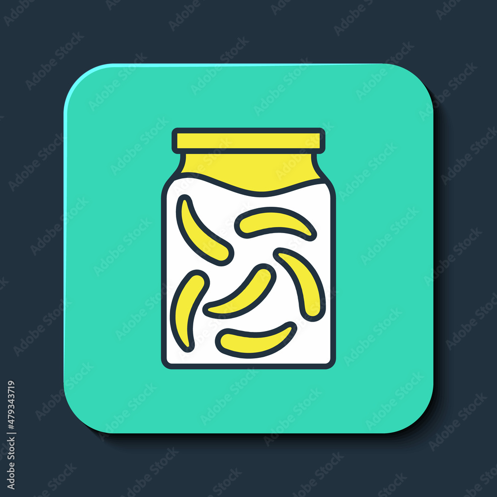 Filled outline Pickled cucumbers in a jar icon isolated on blue background. Turquoise square button. Vector Filled outline Pickled cucumbers in a jar icon isolated on blue background. Turquoise square button. Vector