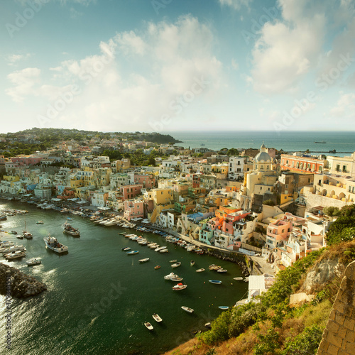 Corricella village and marina on Procida island in Campania region, Italy