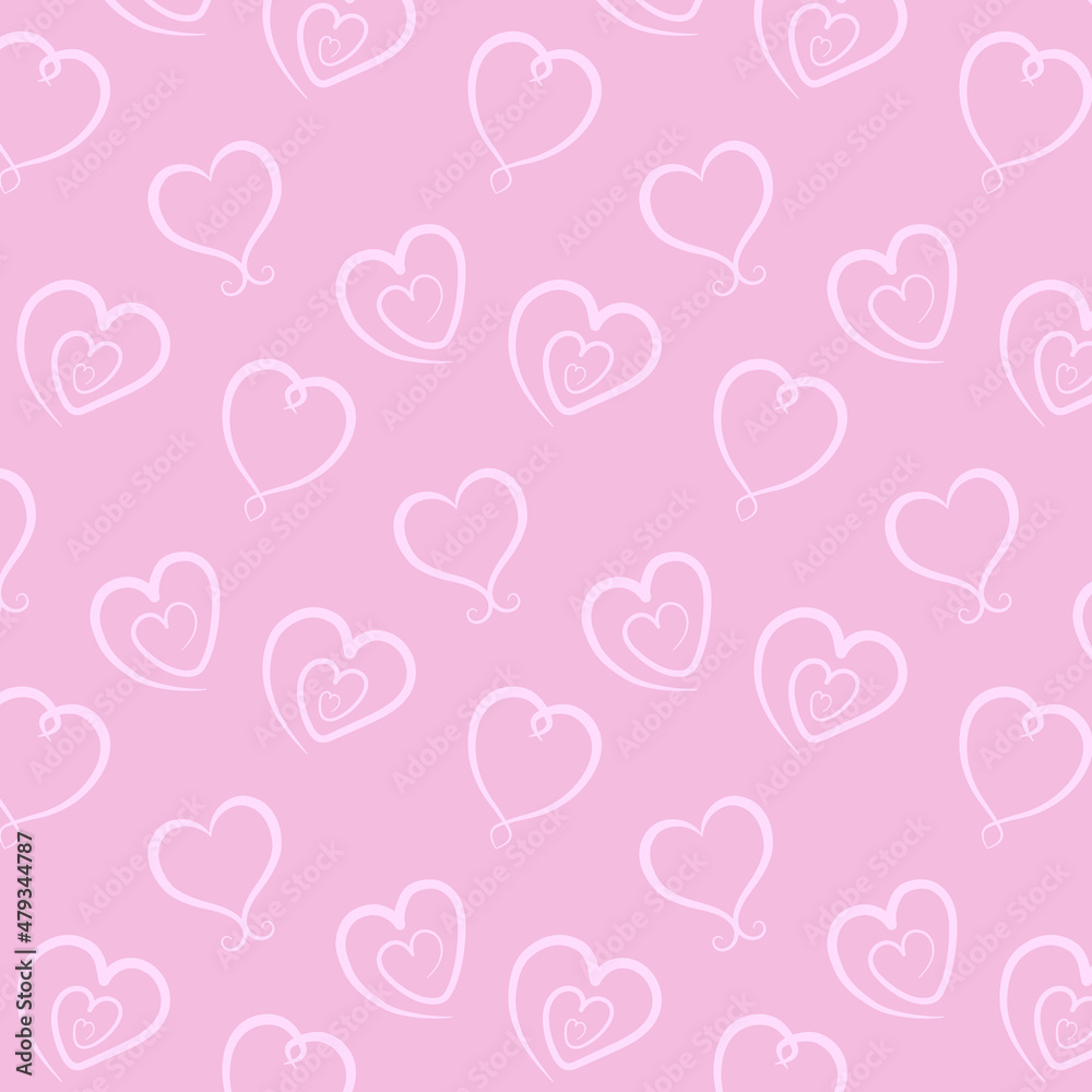 Hand drawn doodle vector seamless pattern with different outlined hearts on pale pink background. Valentines day