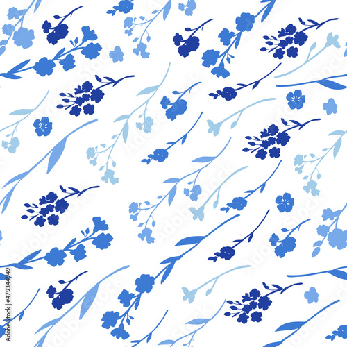 Seamless pattern Forget-me-not flowers vector illustration isolated on white background, colorful silhouette, decorative herbal blue doodle sketch, for design medicine, wedding invite, cosmetic