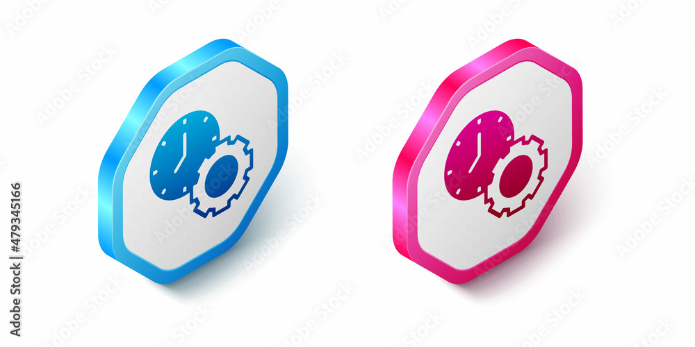 Isometric Time management icon isolated on white background. Clock and gear sign. Productivity symbol. Hexagon button. Vector Isometric Time management icon isolated on white background. Clock and gear sign. Productivity symbol. Hexagon button. Vector
