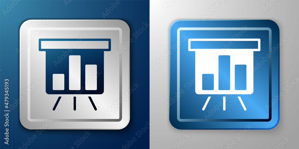 White Board with graph chart icon isolated on blue and grey background. Report text file icon. Accounting sign. Audit, analysis, planning. Silver and blue square button. Vector White Board with graph chart icon isolated on blue and grey background. Report text file icon. Accounting sign. Audit, analysis, planning. Silver and blue square button. Vector